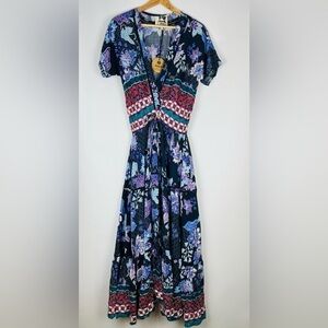 NWT Jaase Navy Floral Short Sleeve V-neck Maxi Dress